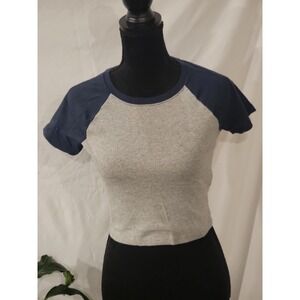 Hollister Womens Gray Navy Blue Raglan Short Sleeve Cropped Baseball Tee Shirt S